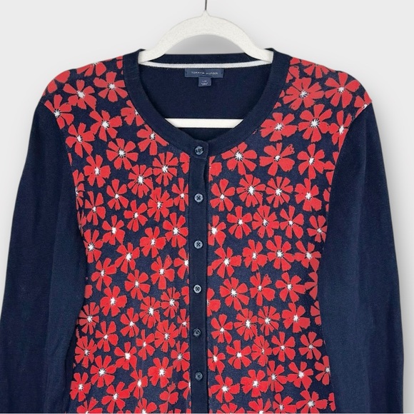 vintage Tommy Hilfiger Navy Blue Cardigan Sweater Red Daisies L preppy retro fun - Picture 1 of 7